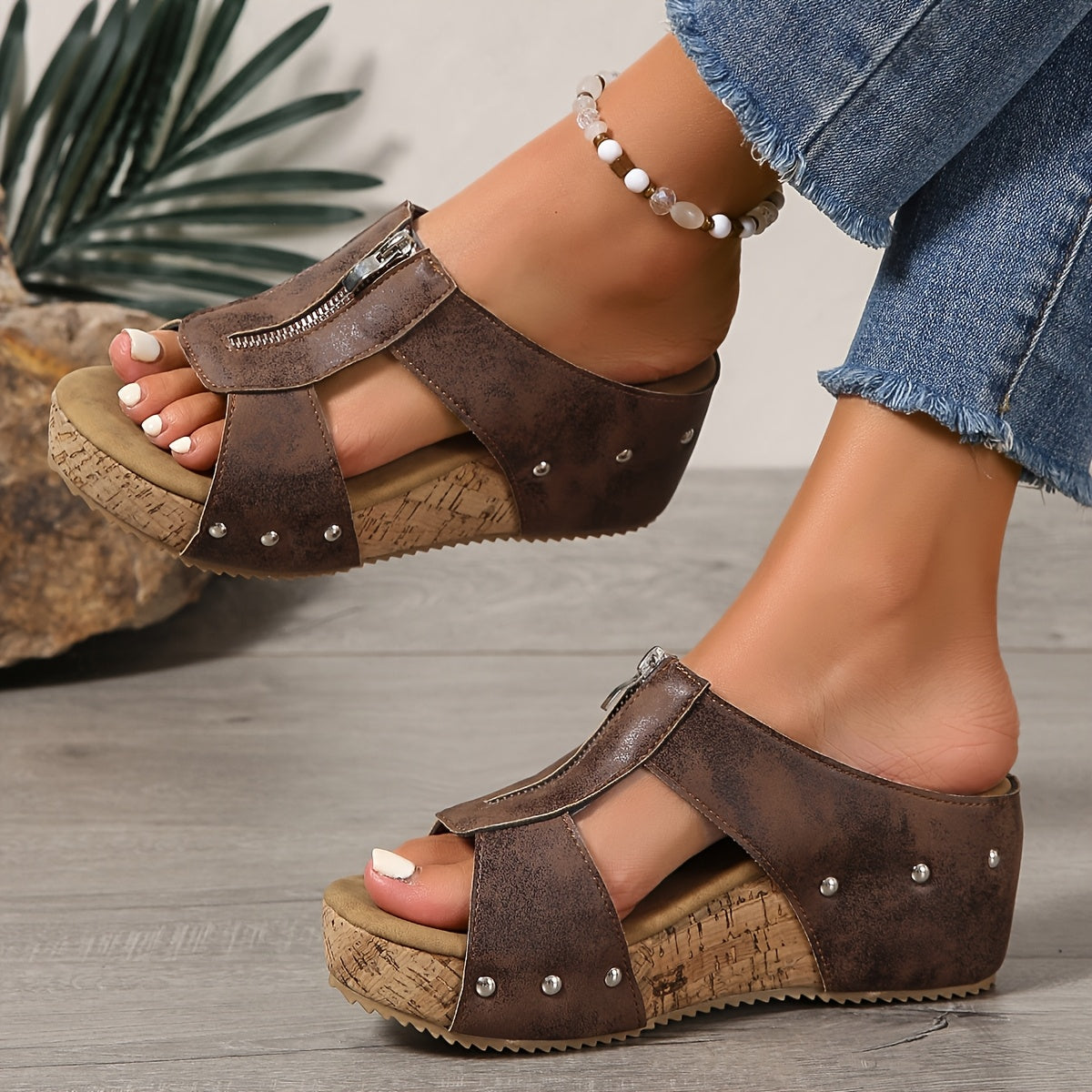 Vintage Style Women's Platform Sandals: Liora Zip Wedge Sandals